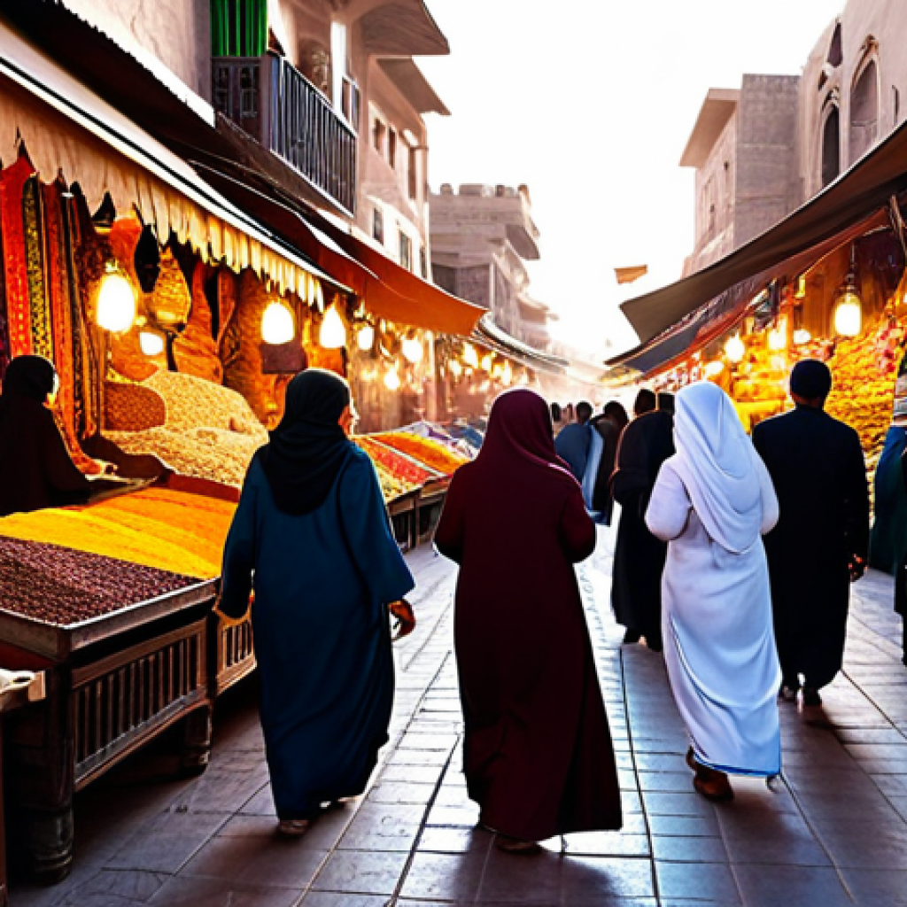 초보자를 위한 부업 선택 가이드 - **Image:** A bustling souk scene at sunset.
**Prompt:** "Vibrant marketplace, golden hour, trad...
