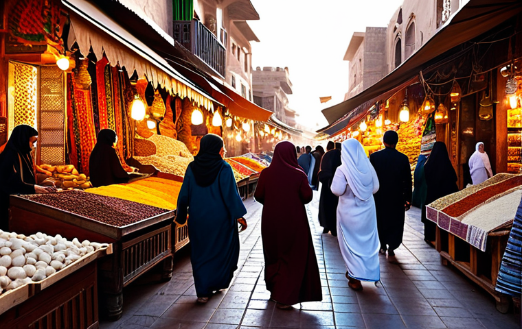초보자를 위한 부업 선택 가이드 - **Image:** A bustling souk scene at sunset.
**Prompt:** "Vibrant marketplace, golden hour, trad...