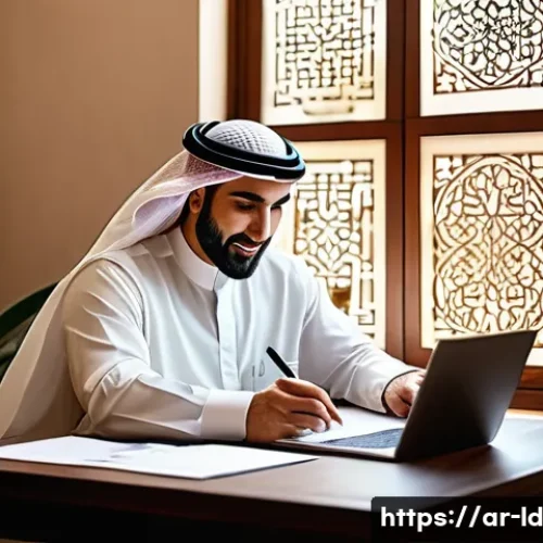Home 28 부업의 성과를 측정하는 KPI 설정 - A modern Middle Eastern small business owner in a traditional yet contemporary Arabic office setting...