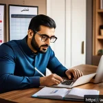 Home 21 부업 수행을 위한 프로젝트 관리 기법 - A focused Arab man in his early 30s working diligently at a modern home office during the evening, u...