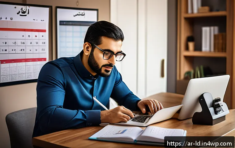 부업 수행을 위한 프로젝트 관리 기법 - A focused Arab man in his early 30s working diligently at a modern home office during the evening, u...