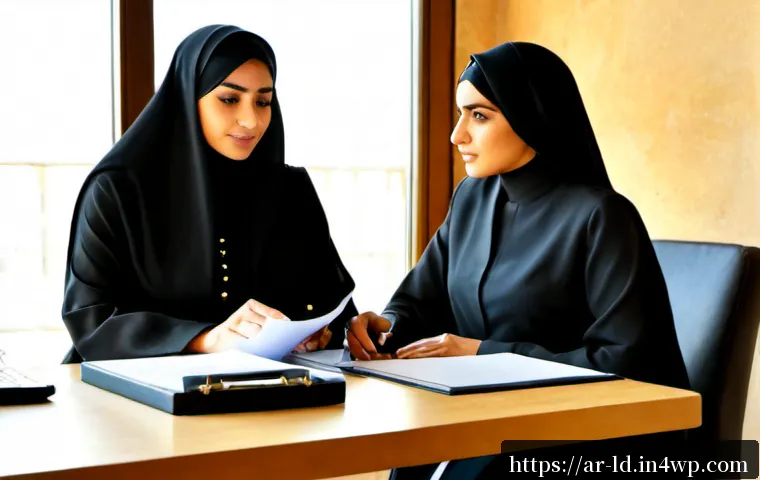 부업과 관련된 법률 및 규제 - Photorealistic modern legal consultation in a sunlit Arabic Gulf city office, a modestly dressed Ara...