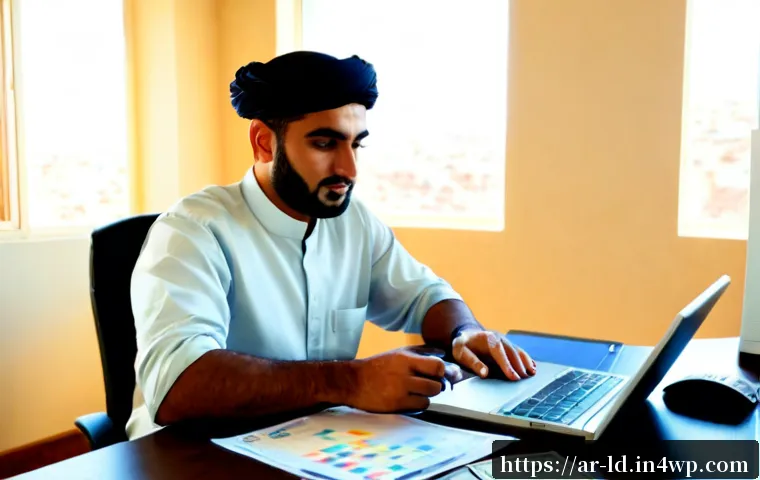 부업 시장의 소비자 행동 분석 - Photorealistic scene of a Middle Eastern market researcher in modest professional attire reviewing s...